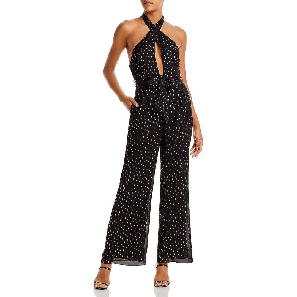 Aqua Women's Metallic Clip Dot Halter Jumpsuit Black B4HP $118